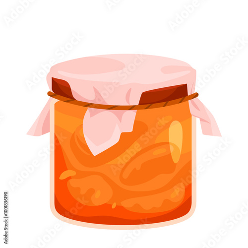 Persimmon jam in glass jar with lid. Sweet tropical fruit marmalade for breakfast sandwich in bottle, homemade confiture and conserve with persimmon slices in syrup cartoon vector illustration