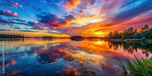 Romantic sunset over a serene lake with vibrant colors reflecting on the water's surface