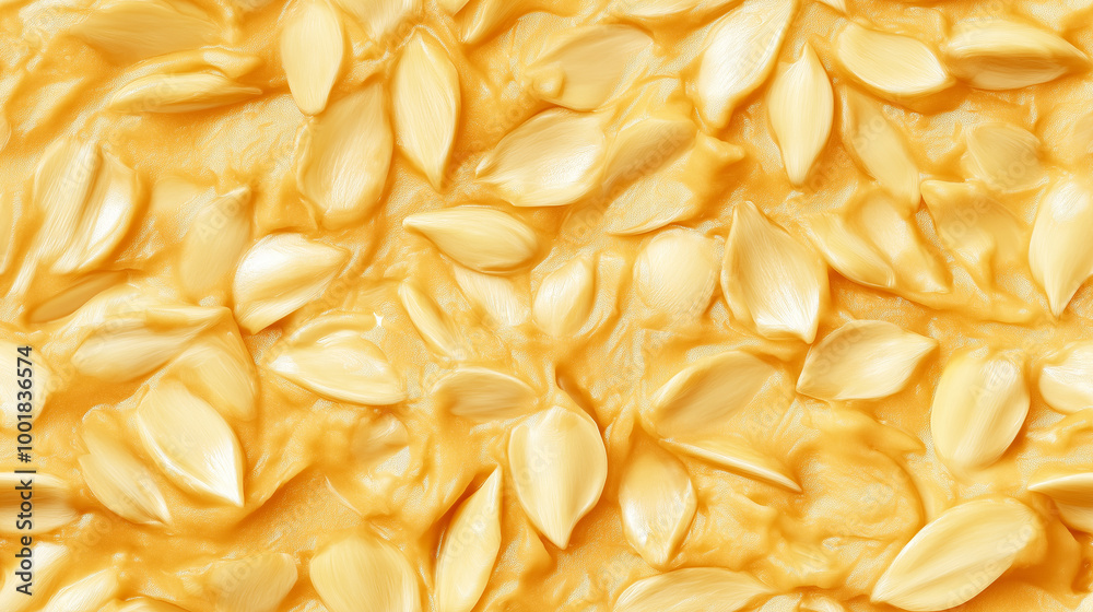 Obraz premium a close-up, top-down view, texture background of sunflower seed puree filling the frame with its pale yellow color and creamy texture