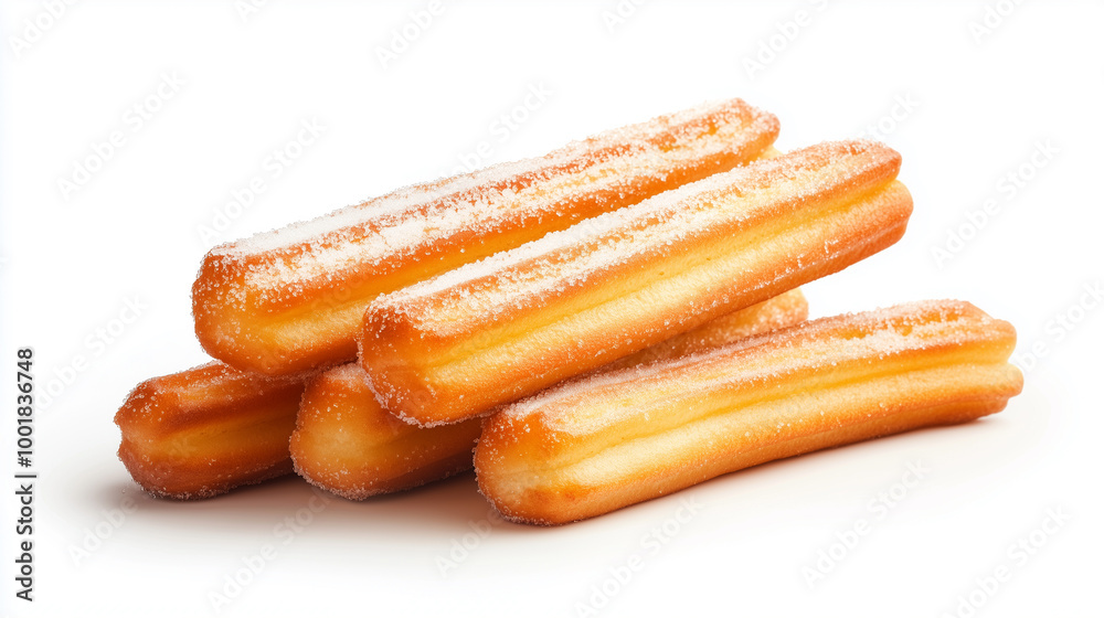 Delicious churros dusted with sugar, stacked neatly, showcasing their golden brown color and crispy texture. Delicious churros dusted with sugar, stacked neatly, showcasing their golden brown color and crispy texture.