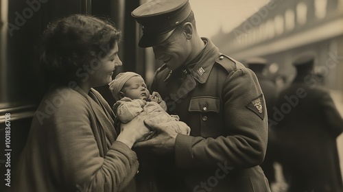 End of the war. A vintage black and white photograph with a touch of color of a soldier being greeted by his wife and meeting their newborn baby at the train station. Return home. photo