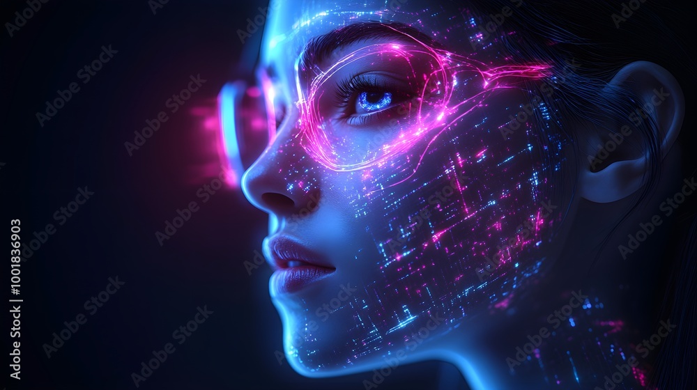 Futuristic hologram of acne treatment, displaying inflamed skin healing, with glowing digital patterns representing skincare technology, Neon light, Holographic, Sci-Fi, Blue tones Futuristic hologram of acne treatment, displaying inflamed skin healing, with glowing digital patterns representing skincare technology, Neon light, Holographic, Sci-Fi, Blue tones