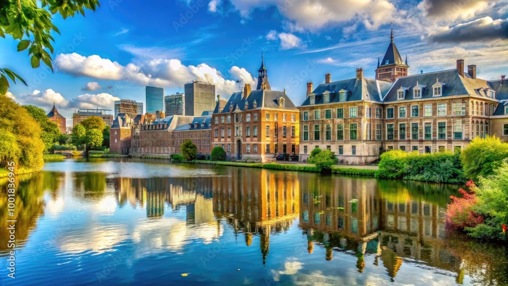 Scenic Landscape of The Hague Featuring Iconic Architecture and Lush Green Spaces Under Blue Sky Scenic Landscape of The Hague Featuring Iconic Architecture and Lush Green Spaces Under Blue Sky