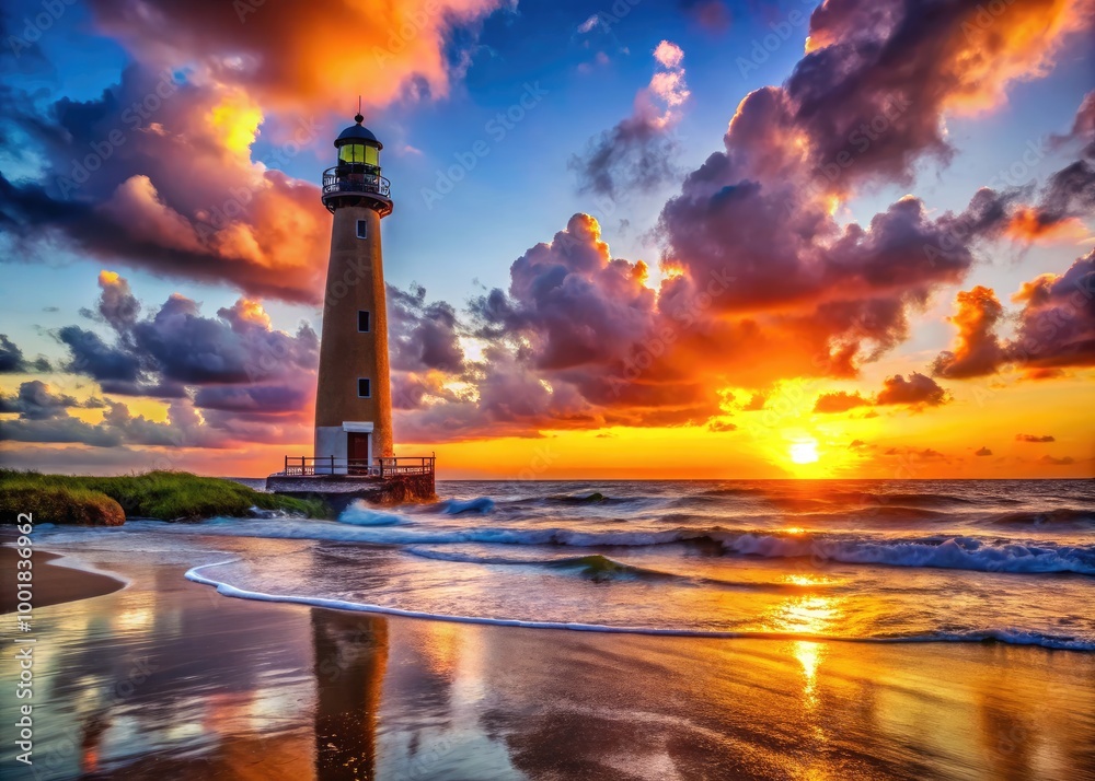 Obraz premium Scenic Lighthouse at New Smyrna Beach with Vibrant Sky and Calm Ocean Waves at Sunset