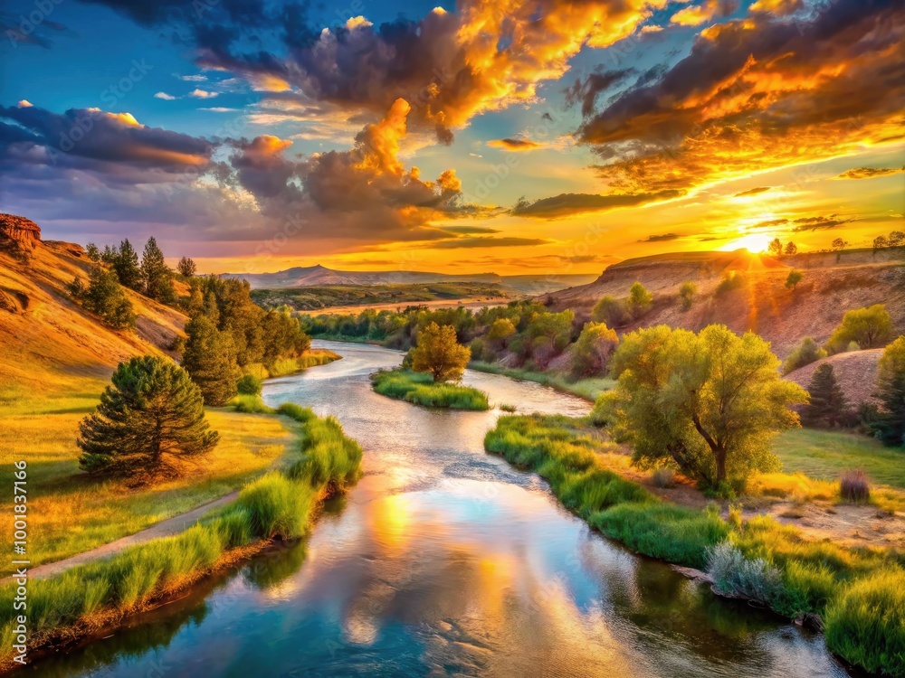 Scenic View of Belle Fourche River Flowing Through Majestic Wyoming Landscape During Golden Hour Scenic View of Belle Fourche River Flowing Through Majestic Wyoming Landscape During Golden Hour