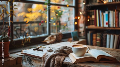 A cozy autumn scene with a cup of coffee, an open book, and a sweater on a rustic wooden table by a window. photo