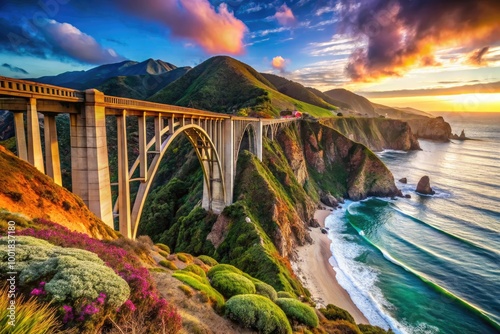 Scenic view of Bixby Bridge spanning the Pacific coast in Pfeiffer Big Sur State Park, California photo