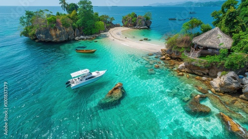 Stunning aerial view of crystal-clear ocean water with small boats near tropical islands  photo