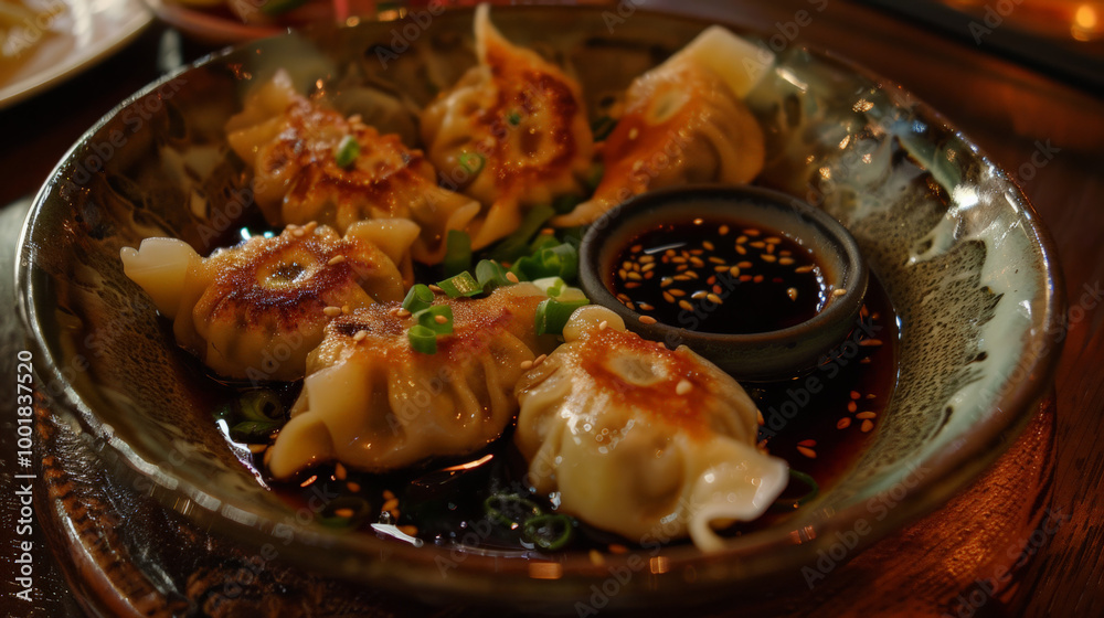 Delicious pan fried pork and leek dumplings served with soy sauce, garnished with green onions, perfect for savory meal. Delicious pan fried pork and leek dumplings served with soy sauce, garnished with green onions, perfect for savory meal.