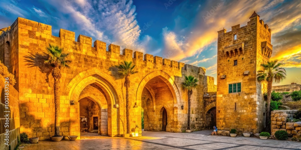 Obraz premium Scenic view of the iconic golden gate entrance in Israel surrounded by historical architecture