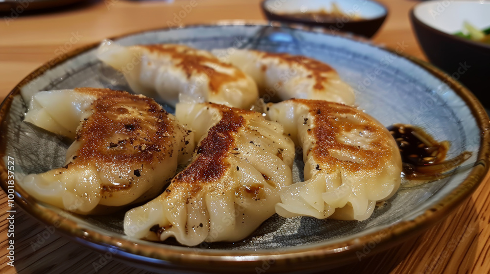 Delicious pan fried pork and leek dumplings served with soy sauce, showcasing crispy golden brown exterior. Delicious pan fried pork and leek dumplings served with soy sauce, showcasing crispy golden brown exterior.