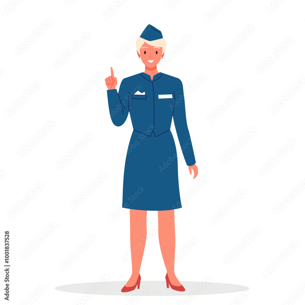 Stewardess standing, pointing finger up. Female young happy flight attendant in professional blue uniform and hat, front portrait of beautiful smiling lady air hostess cartoon vector illustration Stewardess standing, pointing finger up. Female young happy flight attendant in professional blue uniform and hat, front portrait of beautiful smiling lady air hostess cartoon vector illustration