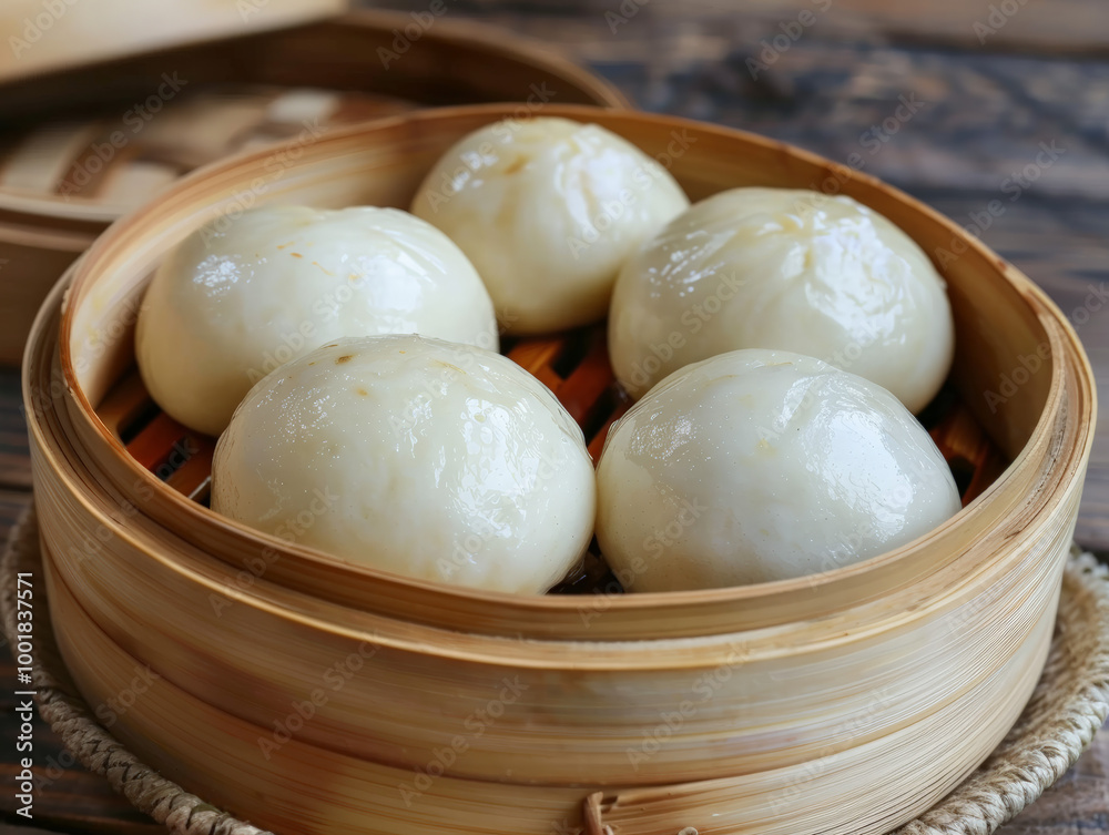 Steamed buns in bamboo steamer, soft and fluffy, perfect for delicious meal. Steamed buns in bamboo steamer, soft and fluffy, perfect for delicious meal.