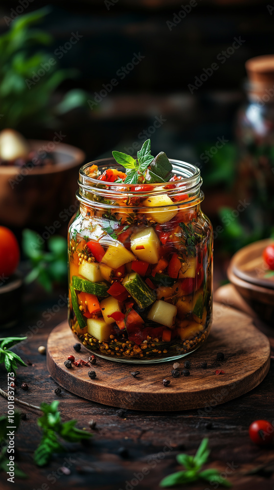 Delicious Homemade Italian Pickles in a Jar, Featuring Colorful Vegetables Infused with Vinegar and Herbs Delicious Homemade Italian Pickles in a Jar, Featuring Colorful Vegetables Infused with Vinegar and Herbs