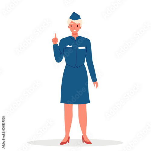 Stewardess standing, pointing finger up. Female young happy flight attendant in professional blue uniform and hat, front portrait of beautiful smiling lady air hostess cartoon vector illustration