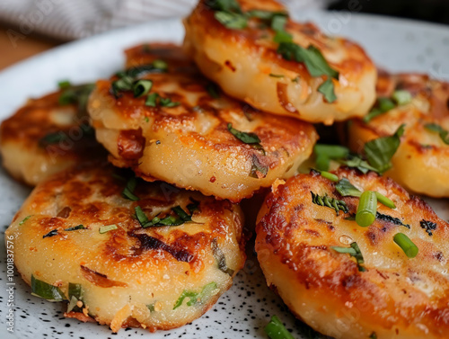 Delicious pan fried radish cakes topped with fresh herbs, perfect for savory snack or appetizer.