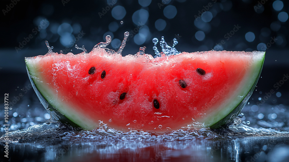 watermelon slice with a splash of water on a black background watermelon slice with a splash of water on a black background