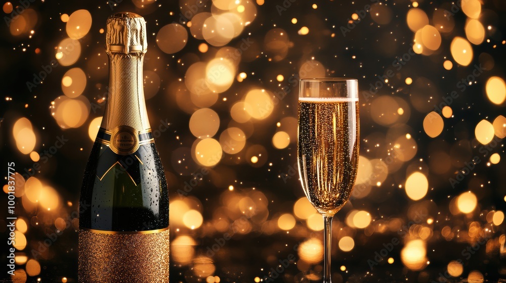 Fototapeta premium A festive celebration featuring a chilled bottle of champagne and a sparkling wine flute amidst a backdrop of shimmering lights. Generative AI