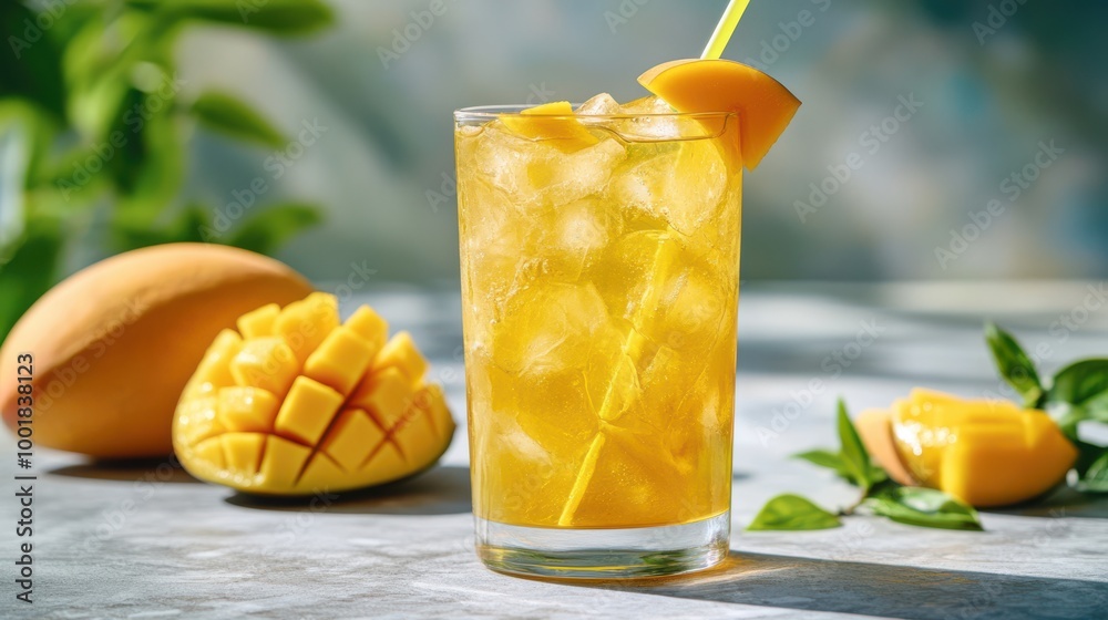 Refreshing Mango Iced Tea with Ice Cubes and Sliced Mango Garnish Refreshing Mango Iced Tea with Ice Cubes and Sliced Mango Garnish