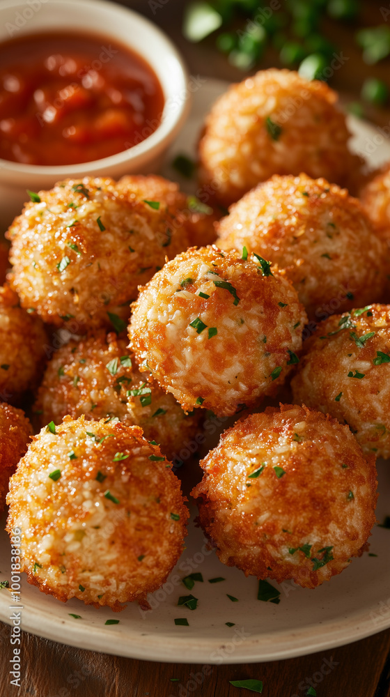 Golden-Brown Italian Rice Balls (Arancini) Filled with Cheese and Peas, Served with Marinara Sauce for Dipping Golden-Brown Italian Rice Balls (Arancini) Filled with Cheese and Peas, Served with Marinara Sauce for Dipping
