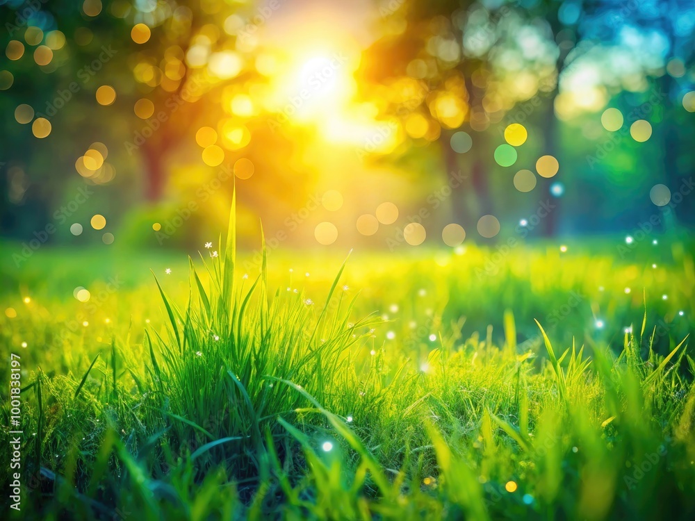 Obraz premium Serene Bokeh Effect on Lush Green Grass in a Tranquil Meadow Under Soft Natural Lighting Conditions
