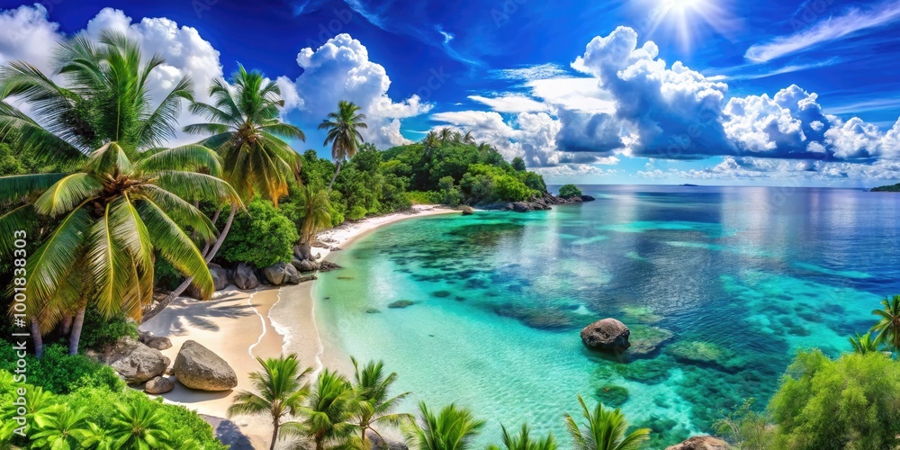 Obraz premium Serene Coastal Paradise: Stunning Views of Pristine Beaches and Crystal Clear Waters in Sunshine