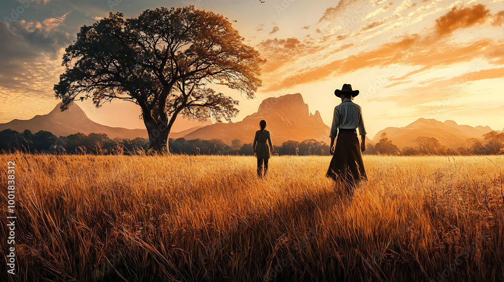 Sunset Stroll in the Savannah: Two figures, silhouetted against a breathtaking African sunset, walk across a golden savanna, under the shadow of a majestic acacia tree. The scene evokes tranquility. Sunset Stroll in the Savannah: Two figures, silhouetted against a breathtaking African sunset, walk across a golden savanna, under the shadow of a majestic acacia tree. The scene evokes tranquility.