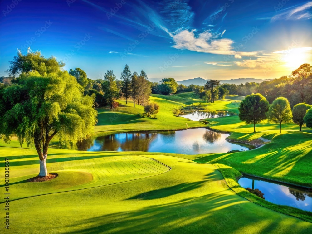 Serene Golf Course Landscape with Lush Green Fairways and a Clear Blue Sky for Relaxation and Enjoyment