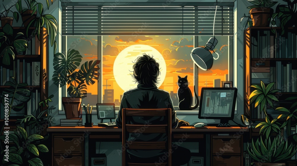 Vector illustration of a working from home scene with a person at a desk, plants, and a cozy interior Vector illustration of a working from home scene with a person at a desk, plants, and a cozy interior