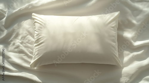 good sleep and morning concept: top-down view of a soft, rectangular white pillow on smooth white sheets