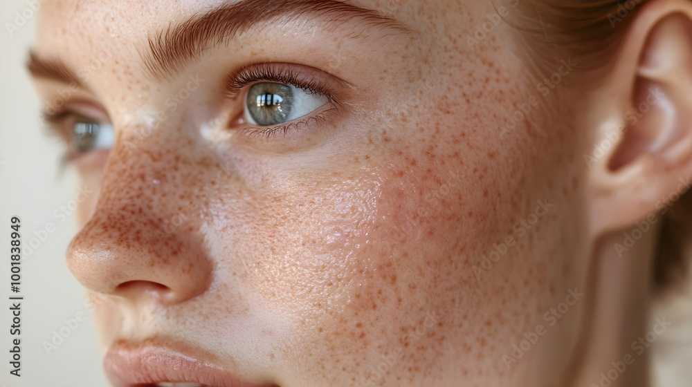Close-up of healthy skin with post-acne marks gently fading, minimal scarring, and texture improving through healing treatments in natural light