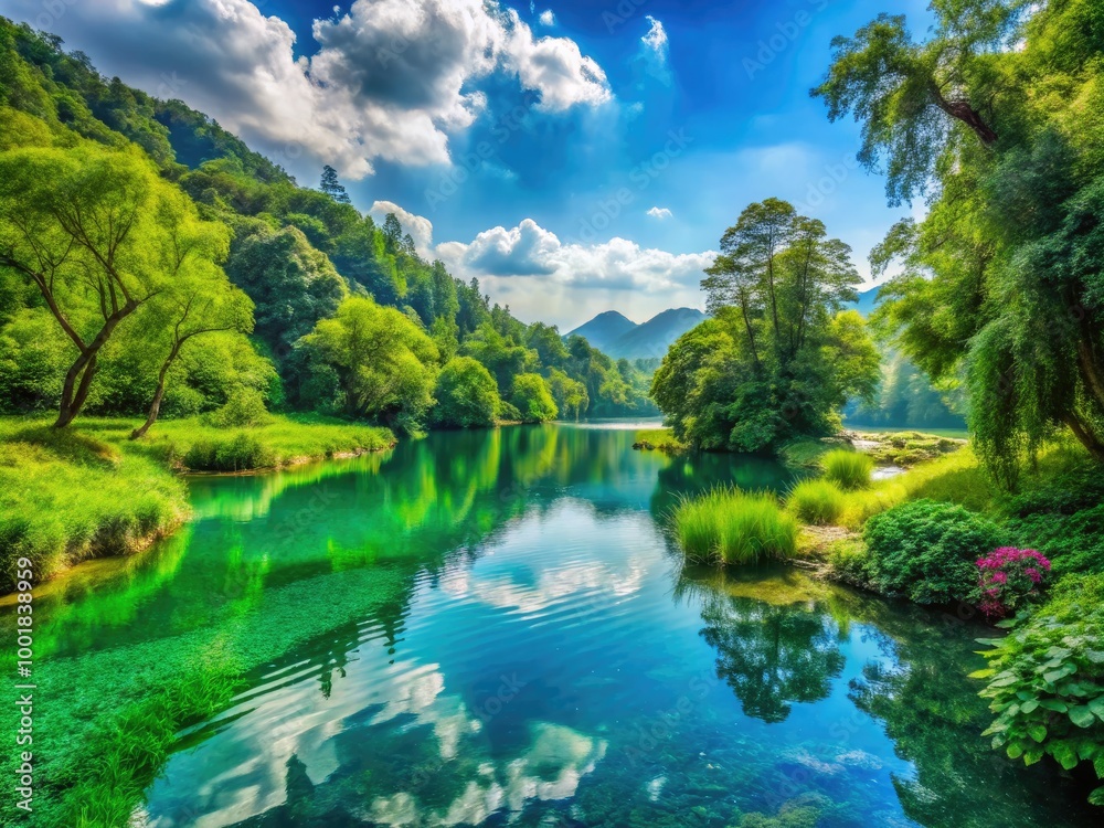 Serene Landscape with Tranquil Waters and Lush Greenery, Ideal for Relaxation and Peaceful Moments Serene Landscape with Tranquil Waters and Lush Greenery, Ideal for Relaxation and Peaceful Moments