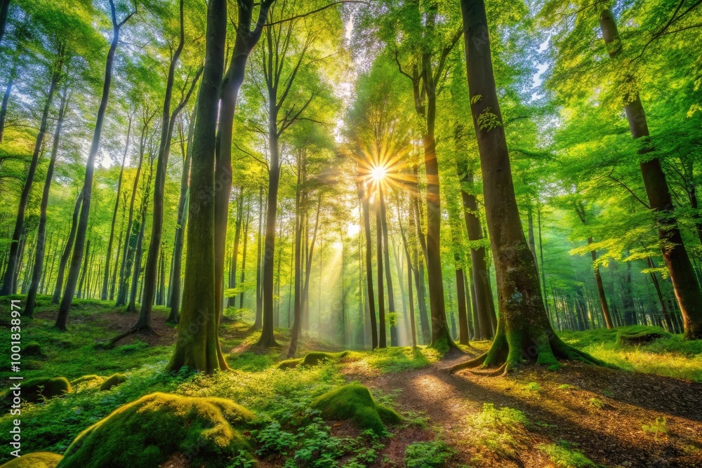 Fototapeta premium Serene Light Dappled Forest Background with Lush Greenery and Soft Sunlight Filtering Through Trees