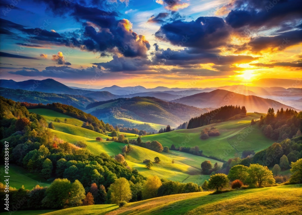 Serene Landscape with Rolling Hills and Distant Mountains Under a Bright Blue Sky at Sunset Serene Landscape with Rolling Hills and Distant Mountains Under a Bright Blue Sky at Sunset