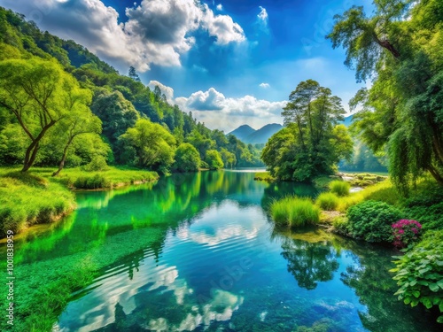 Serene Landscape with Tranquil Waters and Lush Greenery, Ideal for Relaxation and Peaceful Moments