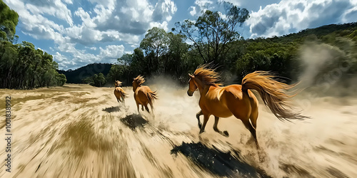 Wild Mustang Run: Three majestic palomino mustangs thunder across a sun-drenched landscape, manes and tails flying, kicking up dust in a breathtaking display of untamed freedom. photo