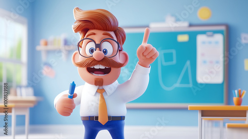 Highly detailed 3D character of cheerful teacher with glasses and mustache in bright classroom setting photo