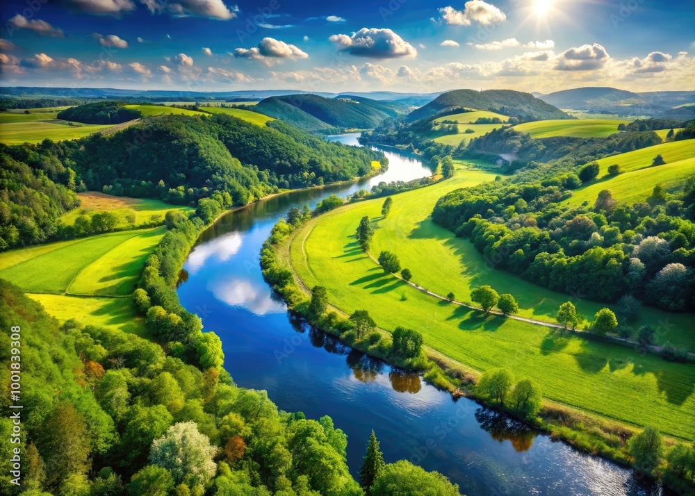 Fototapeta premium Serene Nature Landscape with Lush Green Hills, Clear Blue Sky, and Gentle Flowing River in Summer