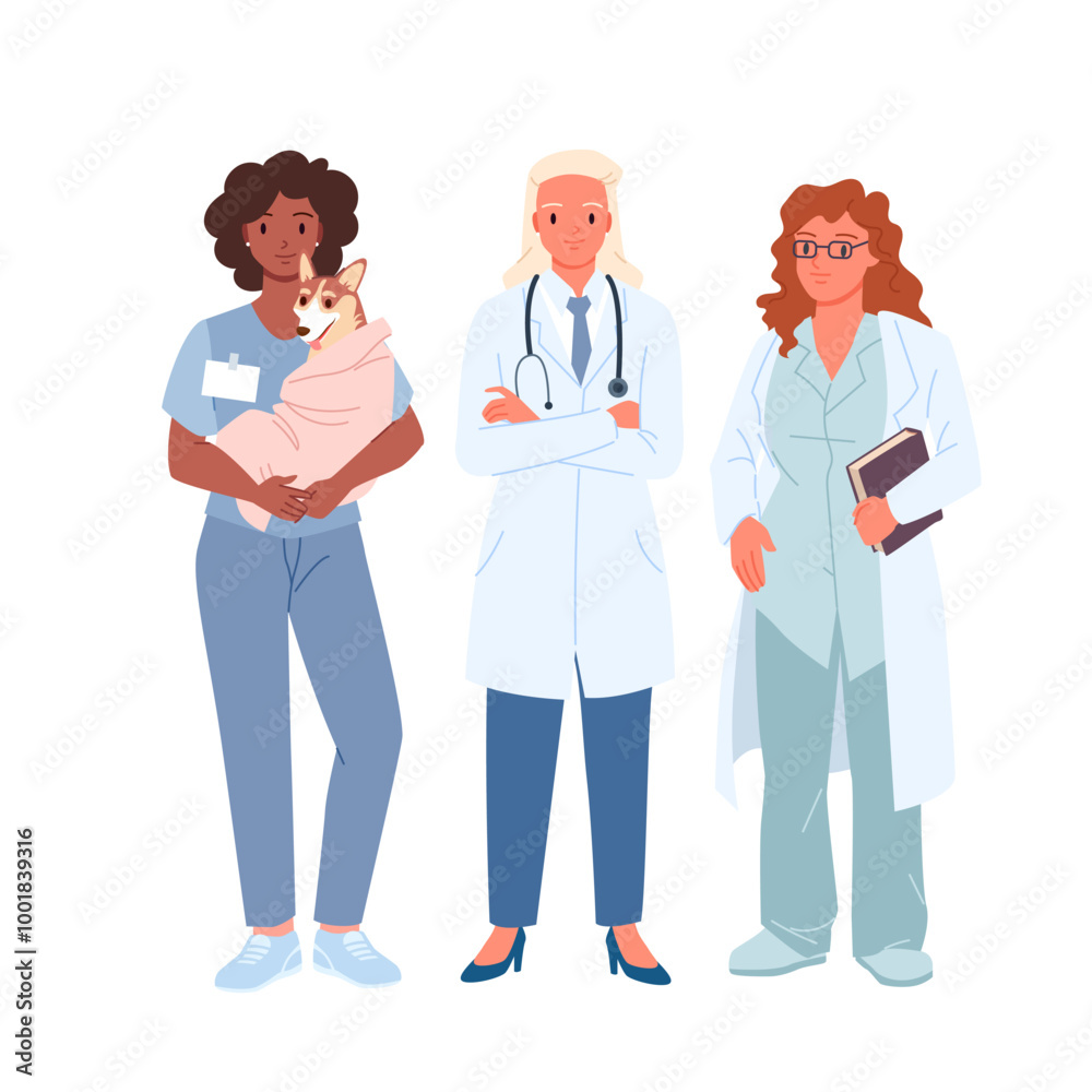 Female health care workers standing together. Young doctor with stethoscope, veterinarian with sick dog on hands and student in glasses, portrait of girls in medic uniform cartoon vector illustration Female health care workers standing together. Young doctor with stethoscope, veterinarian with sick dog on hands and student in glasses, portrait of girls in medic uniform cartoon vector illustration