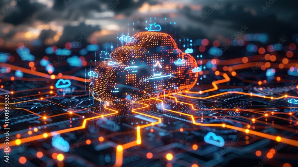 Vector illustration of futuristic technology with robots, AI, and cloud computing icons Vector illustration of futuristic technology with robots, AI, and cloud computing icons
