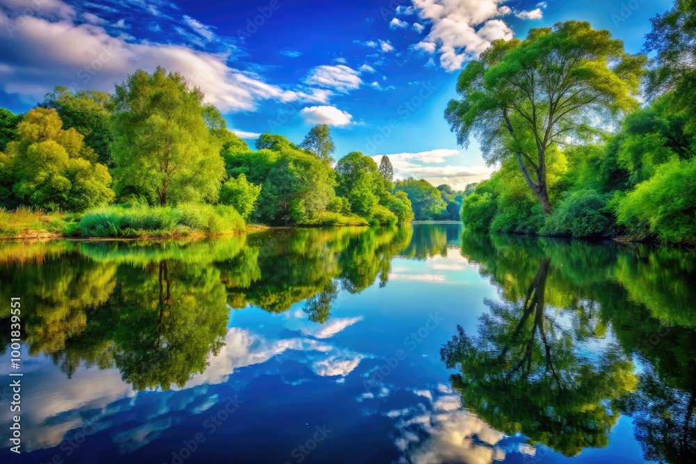 Serene Reflections of Nature in a Tranquil Water Body Surrounded by Lush Greenery and Sky