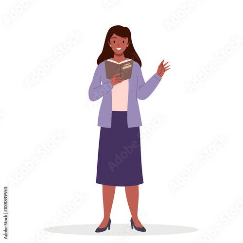 Female teacher holding open book. Young cute woman standing with textbook to read and explain lesson to students, front portrait of beautiful happy lecturer and professor cartoon vector illustration