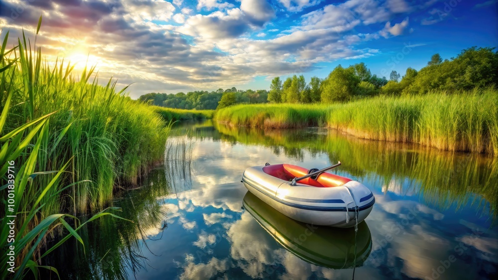 Fototapeta premium Serene Summer Day on a Calm River with Inflatable Boat Surrounded by Lush Green Grass Reeds