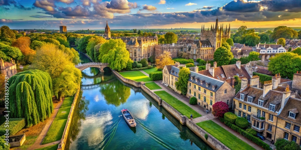Obraz premium Serene View of the River Cam in Cambridge Surrounded by Lush Greenery and Historic Architecture