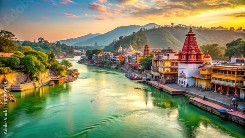 Serene View of Ganges River in Haridwar with Vibrant Temples and Lush Greenery Along the Banks photo