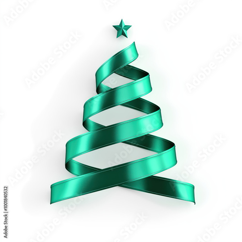 Abstract Christmas tree made from green satin ribbon isolated on a white background. Creative December festive celebration concept. Minimal greeting card or advertisement banner.