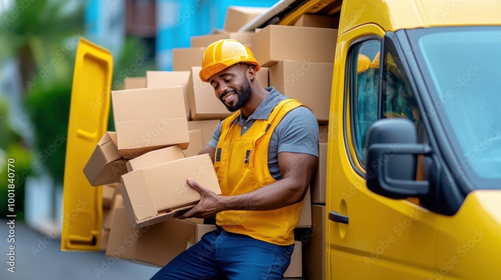 Happy Delivery Driver Loading Boxes Into Van Happy Delivery Driver Loading Boxes Into Van