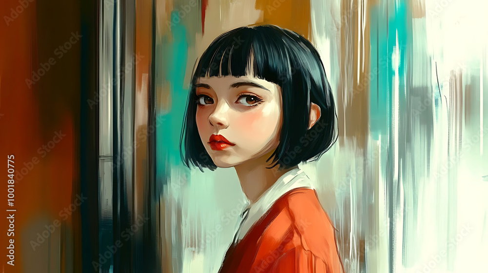 Dreamy Gaze: A captivating digital illustration of a young woman with short black hair, gazing wistfully through a colorful window, evoking feelings of longing and mystery. Dreamy Gaze: A captivating digital illustration of a young woman with short black hair, gazing wistfully through a colorful window, evoking feelings of longing and mystery.