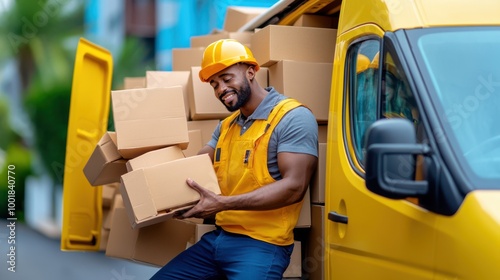 Happy Delivery Driver Loading Boxes Into Van