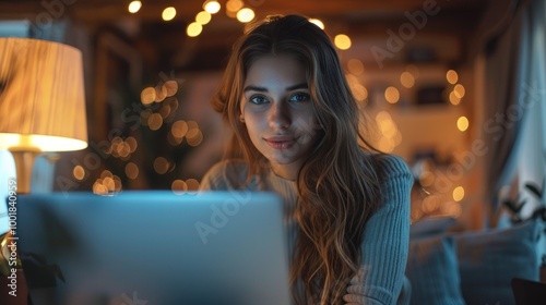 A beautiful young freelance woman uses a laptop computer Work at your work desk on your holiday at home in a quiet